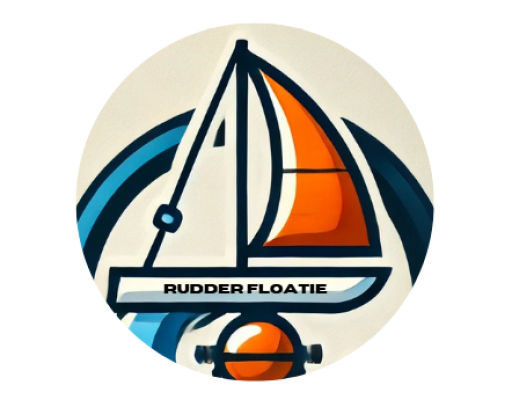 logo of a sailboat with an orange sail with the words "rudder floatie" written on the hull of the boat